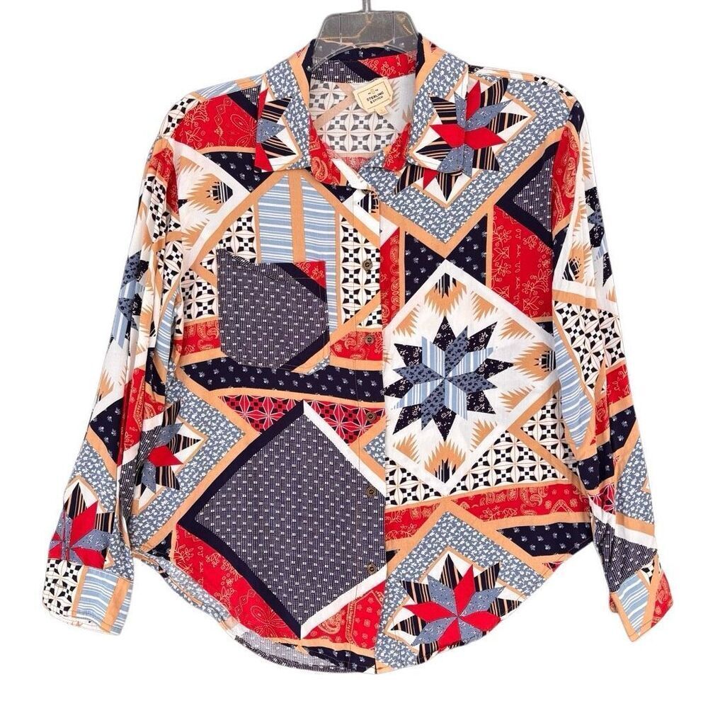 Boho Sterling & Stitch Work Patch Western Print Button Up Shirt Women Sz Small